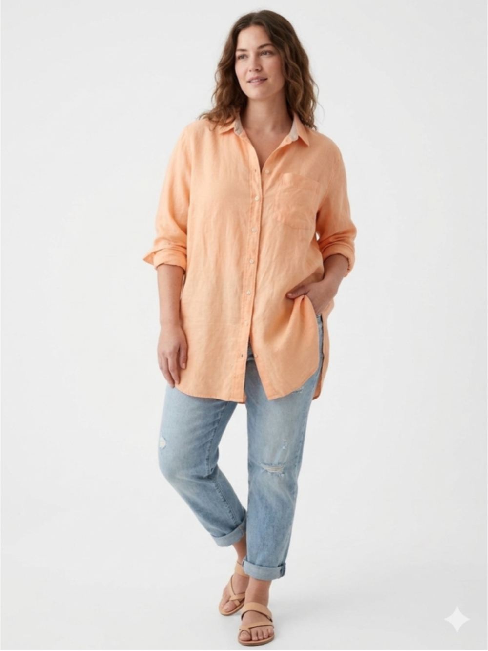 GAP 100% Linen Weekend Tunic Shirt Small Petite Peach Orange Button Down - 945